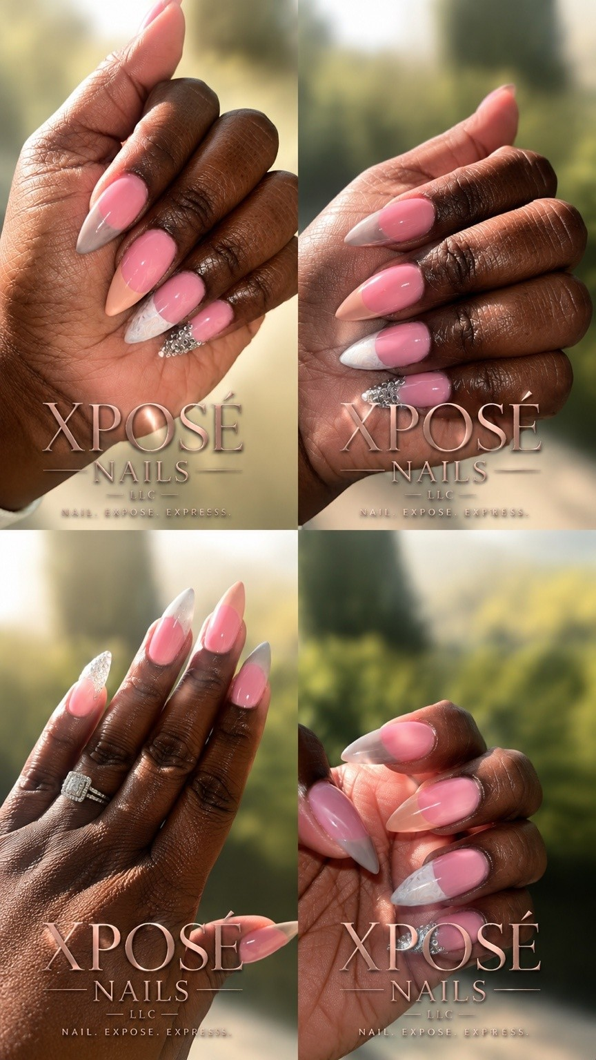 Soft pink almond French set with rhinestone accents